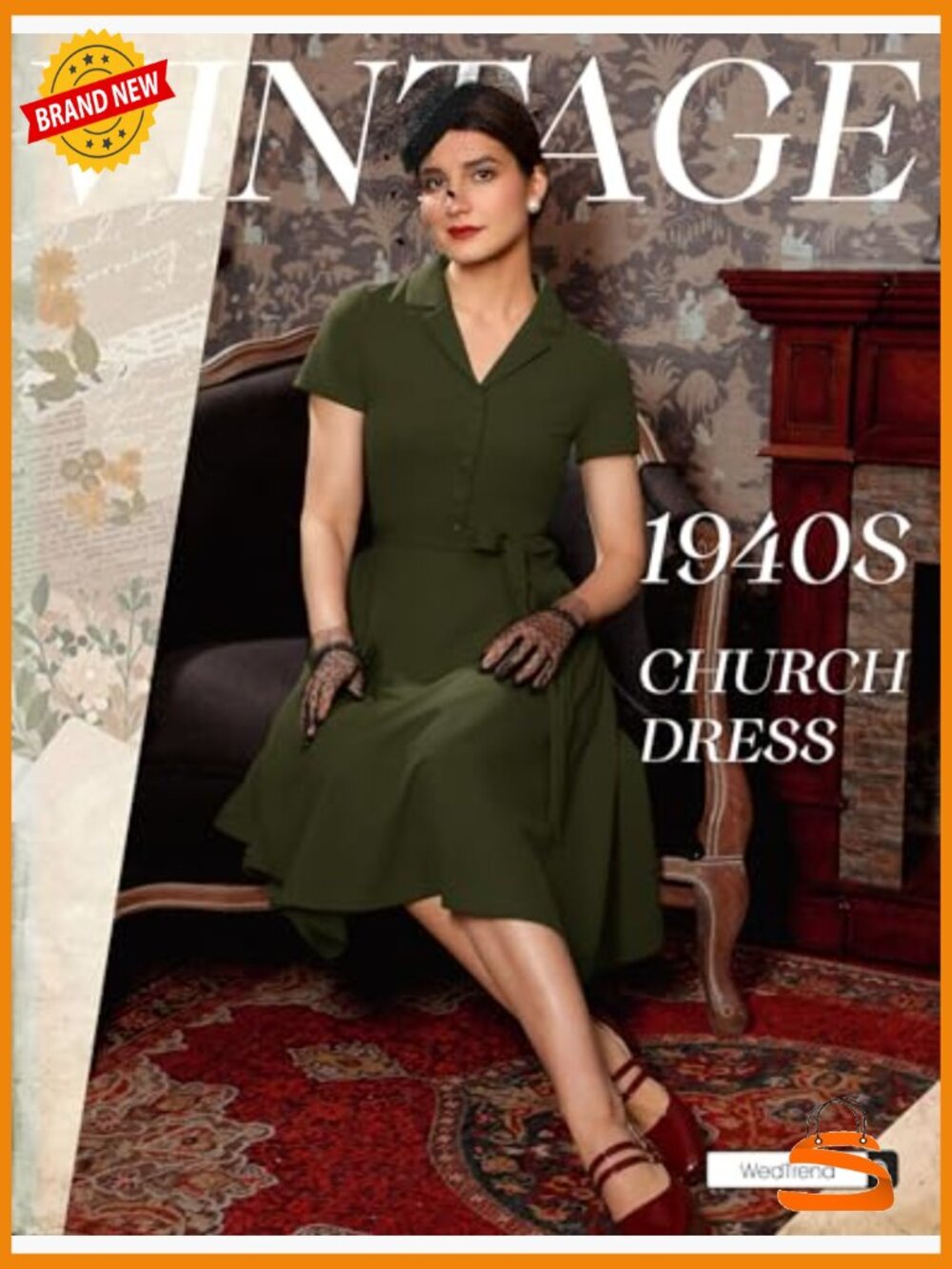 Vintage Tea Dress, Short Sleeve A-Line Cocktail Party Dress, V-Neck Swing Dress - Picture 3 of 7
